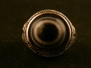 Wonderful Tibetan Silver Inlay Agate Dzi Sky Eyed Bead Ring Saa018