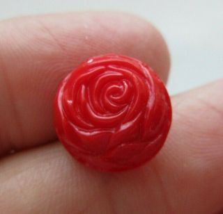 Lovely Small Antique Vtg Bright Red Glass Button Realistic Rosebud 1/2 " (a)