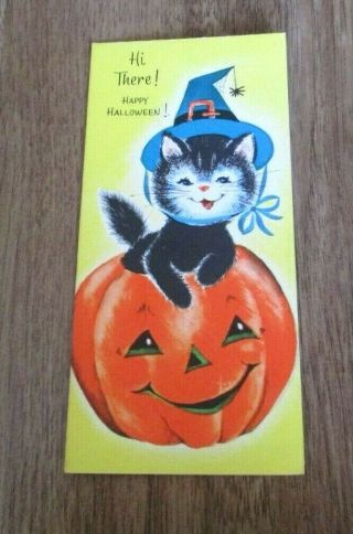 Vintage Halloween Greeting Card Invitation Vintage Cat On Pumpkin Mid Century