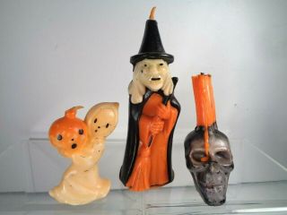 3 Vtg Gurley Halloween Wax Candles Larger Witch Black Skull Ghost With Pumpkin