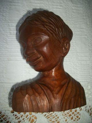 Signed Jose J.  Pinal Teak? Wood Carving Bust Woman Sculpture 6 " Mexican Folk Art