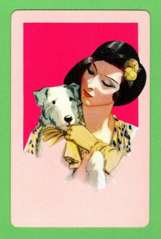 1 Single Vintage Playing/swap Card Dogs Deco Lady Hat Gloves With Terrier D33