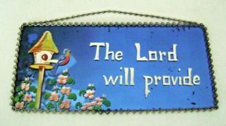 Vintage Chain Frame Glass Plaque " The Lord Will Provide " Bluebird & Birdhouse
