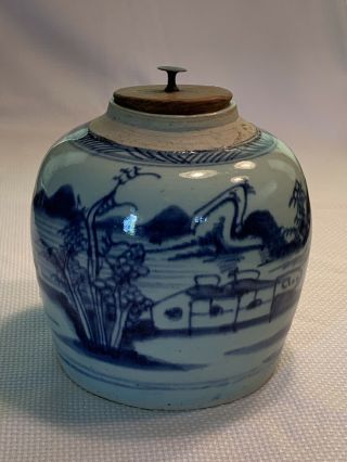 Vintage Ginger Jar W/ Wooden Cover Asian Blue & White Pottery 7” Tall 7” Wide