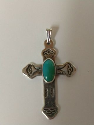. 925 Sterling Silver Holy Cross Pendant With Turquoise Stone In Center