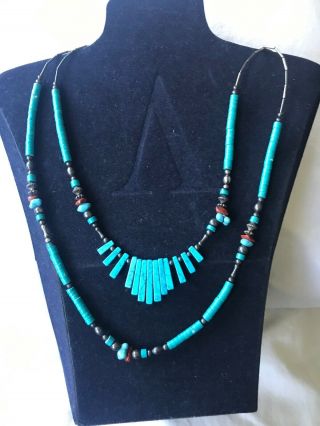 Tribal Native American Turquoise Beaded Necklace Sterling Silver Jewelry