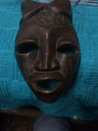 Hand Carved Wooden African Mask Vintage Face Art Dark Wood Eye And Mouth Holes
