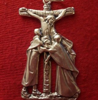 Lrg Unique Sterling Silver Filled Crucifixion St Mary Pendant Crucifix Cross Vtg