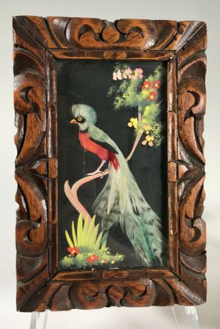 Pair VTG Mexican Folk Art Feathercraft red Bird Feather Picture Framed 9” x 6 