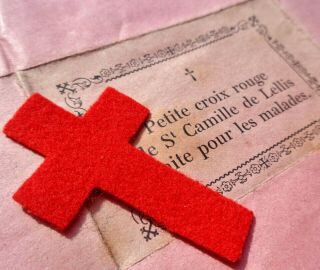 Antique Folded Paper Reliquary With Red Cross Relic To Saint Camille For Nurses