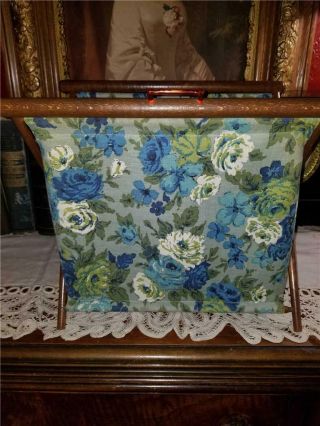 Vintage Folding Green Blue Floral Fabric Sewing Knitting Bag Basket Wood Frame
