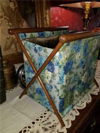 Vintage Folding Green Blue Floral Fabric Sewing Knitting Bag Basket Wood Frame 2