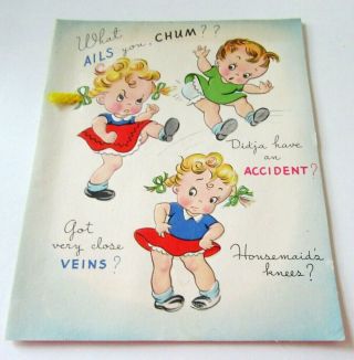 Vtg Greeting Card Little Girls In Dresses With Braids What Ails You,  Chum?