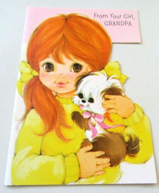 Vtg Greeting Card Cute Little Girl In Yellow Sweater With Puppy Dog