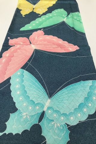 @@160 Cm Japanese Vintage Kimono Silk Fabric/ Rinzu/ Navy Blue,  Butterfly F180