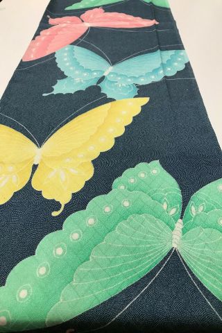 @@160 cm Japanese vintage kimono silk fabric/ Rinzu/ navy blue,  butterfly F180 2