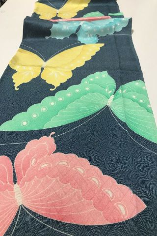 @@160 cm Japanese vintage kimono silk fabric/ Rinzu/ navy blue,  butterfly F180 4