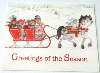 Vintage Christmas Card Old Fashioned Bear Family On Sleigh W Horse Winter Scene