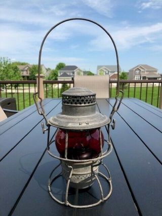 Antique The Adams & Westlake Railroad Kerosene Lantern Red Globe Glass