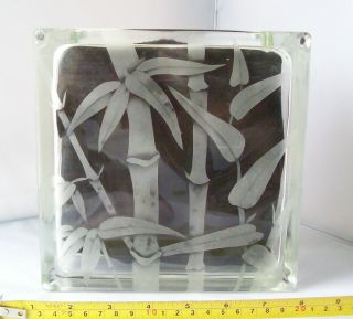 Vtg Frank Oda Arts Hawaii Etched Bamboo Glass Block Vase Large 7 3/4 " Size