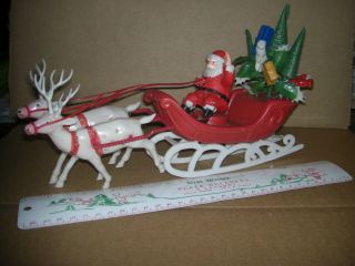 Vintage Christmas Santa Claus In Sleigh With 2 Reindeer Plastic 11.  5 "