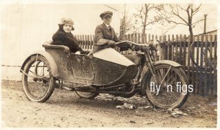 Early Harley Davidson Motorcycle Sidecar - Antique Photo C 1918