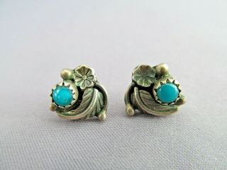 Vintage Old Pawn Sterling Squash Blossom Turquoise Feather Pierced Stud Earrings
