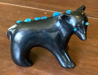 Vintage Santa Clara Pueblo Black Pottery Bear With Turquoise Decoration
