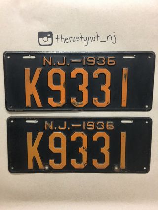 Antique Vintage 1936 Jersey Nj License Plate Plates Matched Set K9331