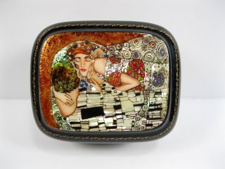 Russian Lacquer Trinket Box Gustav Klimt The Kiss Mother Of Pearl Shell Gold