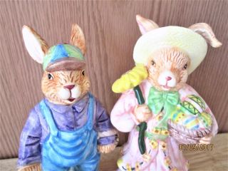 Vintage Easter Rabbits With Decorated Eggs And Flower Ceramic Figures