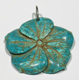 Huge Zuni Hand Carved Natural 22g Spiderweb Turquoise 925 Silver Flower Pendant