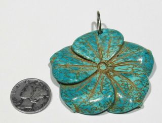 Huge Zuni Hand Carved Natural 22g Spiderweb Turquoise 925 Silver Flower Pendant 2