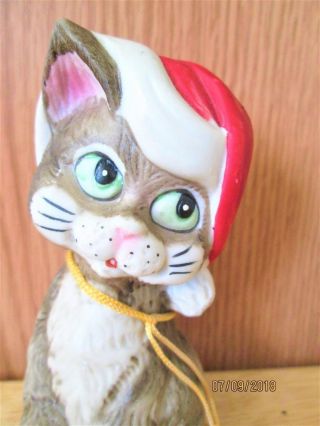 Vintage 1980 Jasco Bisque Porcelain Cat With Santa Hat Critter Bell Taiwan