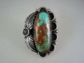 Fine Old Navajo Sterling Silver Squash Blossom & Spiderwebbed Turquoise Ring Sz7