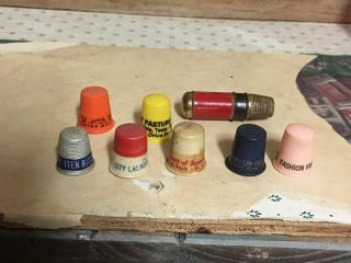 7 Vintage Advertising Thimbles & 1 Travel Sewing Kit With Thimble