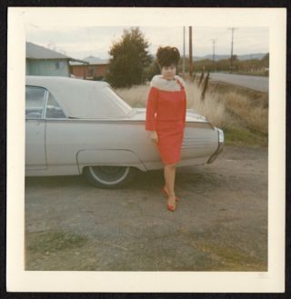 Bee Hive Red High Heels Asian Woman & Thunderbird Car 1960s Vintage Photo