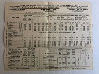 Rare 1908 White Star Line 3rd Class Sailing Schedule and Passage Rates | 2 X 4