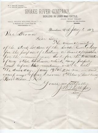 1887 Snake River Land Company,  Idaho Letter On Letterhead