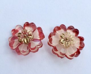 2 X 22mm Vintage Clear Glass Flower Shaped Buttons,  Red Enamel Trim