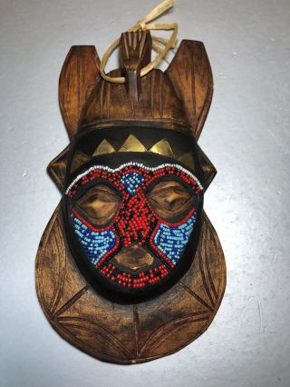 Vintage African Mask Hand Carved Wood Painted Horned Beaded Tribal Art