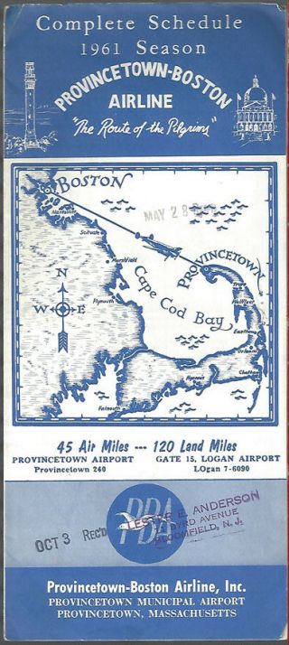 Pba Provincetown Boston Airlines System Timetable 5/26/61 [8121]