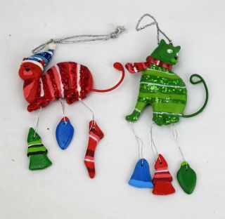 2 Funky Hand Painted & Glitter Cat Christmas Ornaments