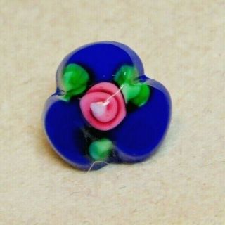 Tiny Antique Button Deep Blue W Pink Rose 4 Way Box Shank 3/8 Dimi U
