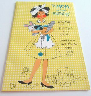 Vtg Greeting Card Fold Out Poster Card To Mom In Gingham Dress And Apron