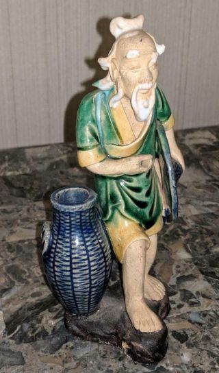 Vintage 6 " Chinese Mudman Pottery Figurine Bearded Man W/ Covered Blue Basket