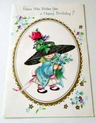 Vtg Greeting Card Rust Craft Cute Little Girl In Big Floppy Hat W Violets