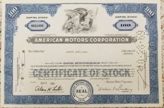 1969 American Motors 100 Share Stock Certificate Javelin Amc