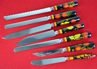 A Set Of 7 Authentic Vintage Russian Soviet Lacquer Khokhloma Knives C.  1980.