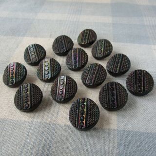 Set Of 14 Molded Black Glass Buttons W Carnival Luster
